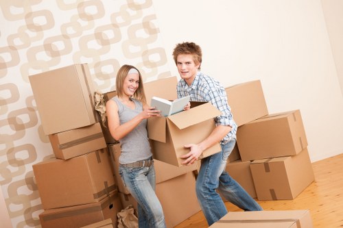 Boxes and household items arranged in a storage unit