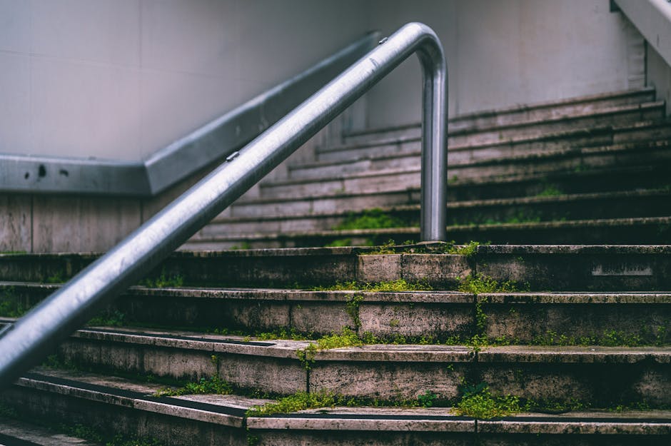 A set of outdoor concrete stairs with black metal handrails on both sides descend through an autumnal landscape. The steps are partially covered with fallen brown leaves, and the surrounding area feat